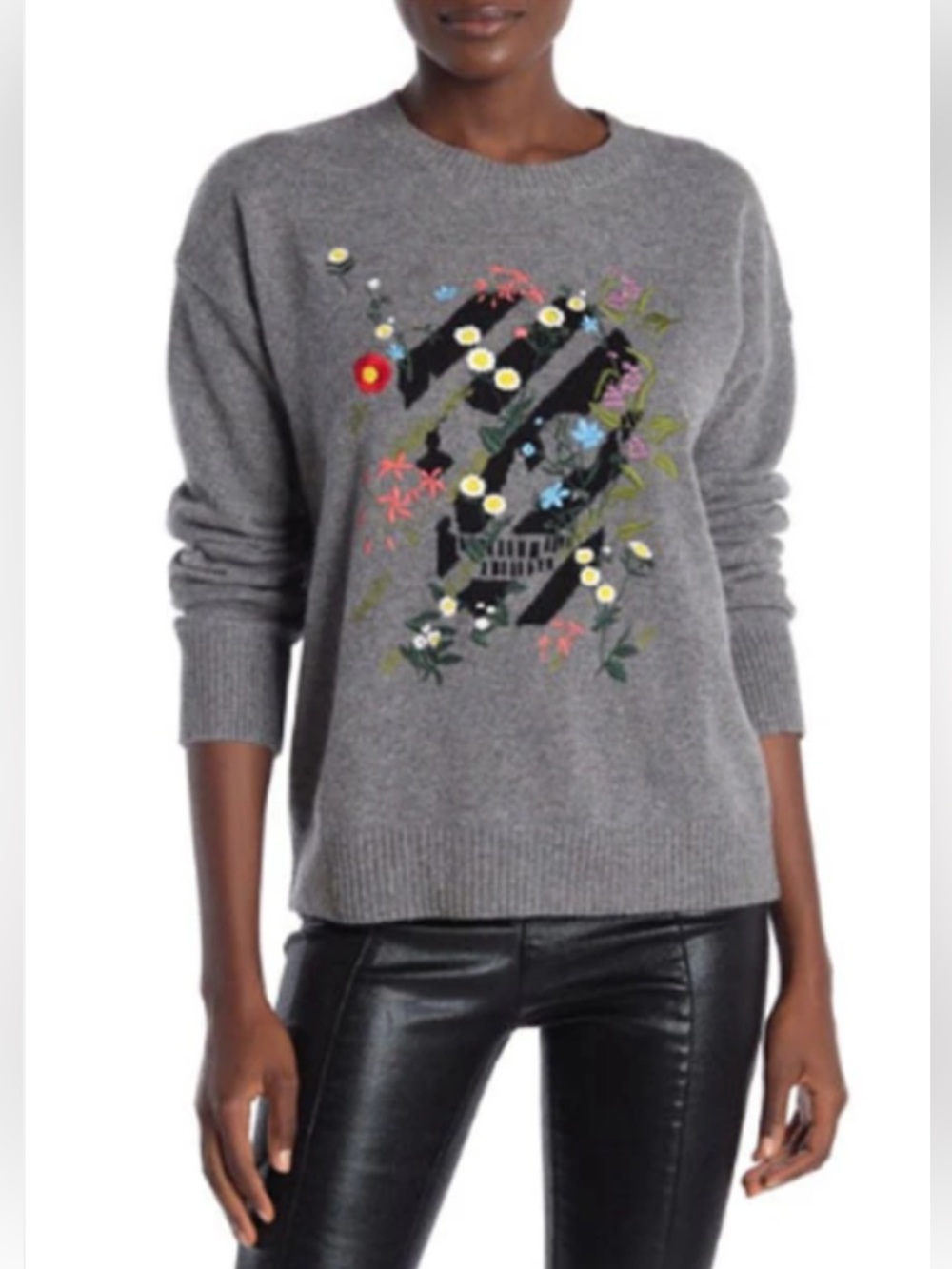 Skull Cashmere Pale Pink Crewneck Sweater with Floral Embroidery Skull  Motif - Picture 13 of 13